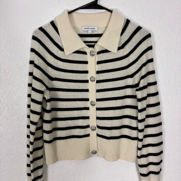 Veronica Beard Cashmere Cardigan Striped Peter Pan Collar Button Front Sweater S - Picture 3 of 6